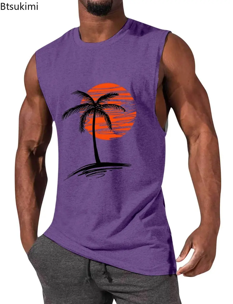 New 2025 Men's Summer Coconut Tree Pattern Printed Casual Vest Fashion O-neck Loose Sleeveless T-shirt Men Sport Beach Tank Tops