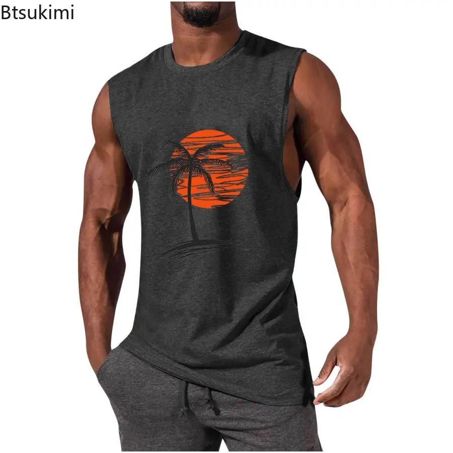 New 2025 Men's Summer Coconut Tree Pattern Printed Casual Vest Fashion O-neck Loose Sleeveless T-shirt Men Sport Beach Tank Tops
