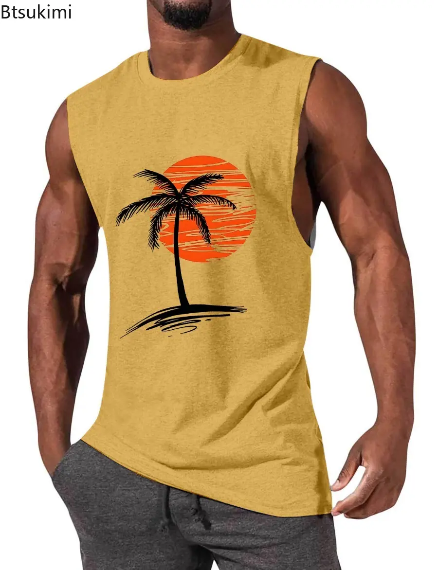 New 2025 Men's Summer Coconut Tree Pattern Printed Casual Vest Fashion O-neck Loose Sleeveless T-shirt Men Sport Beach Tank Tops