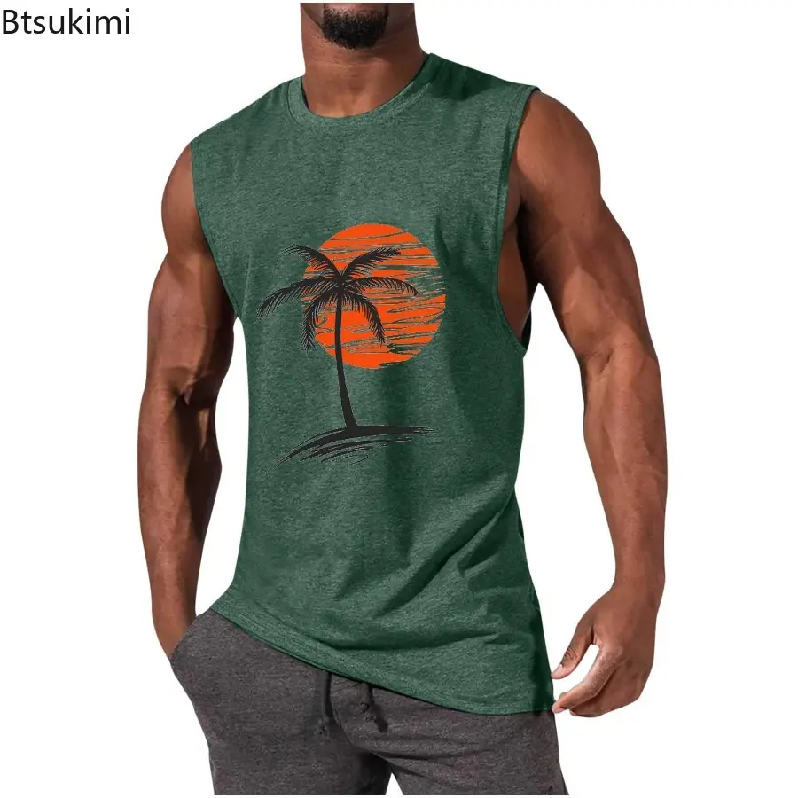 New 2025 Men's Summer Coconut Tree Pattern Printed Casual Vest Fashion O-neck Loose Sleeveless T-shirt Men Sport Beach Tank Tops