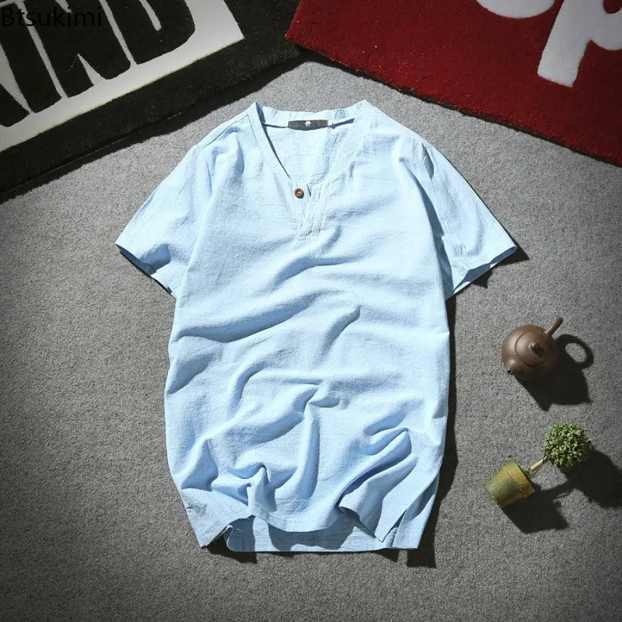 Linen Short Sleeved T-shirt for Men's Summer Vintage Cotton Linen Half Sleeved Fashionable Male Thin Linen Short Sleeved T-shirt