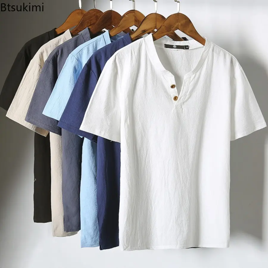 Linen Short Sleeved T-shirt for Men's Summer Vintage Cotton Linen Half Sleeved Fashionable Male Thin Linen Short Sleeved T-shirt