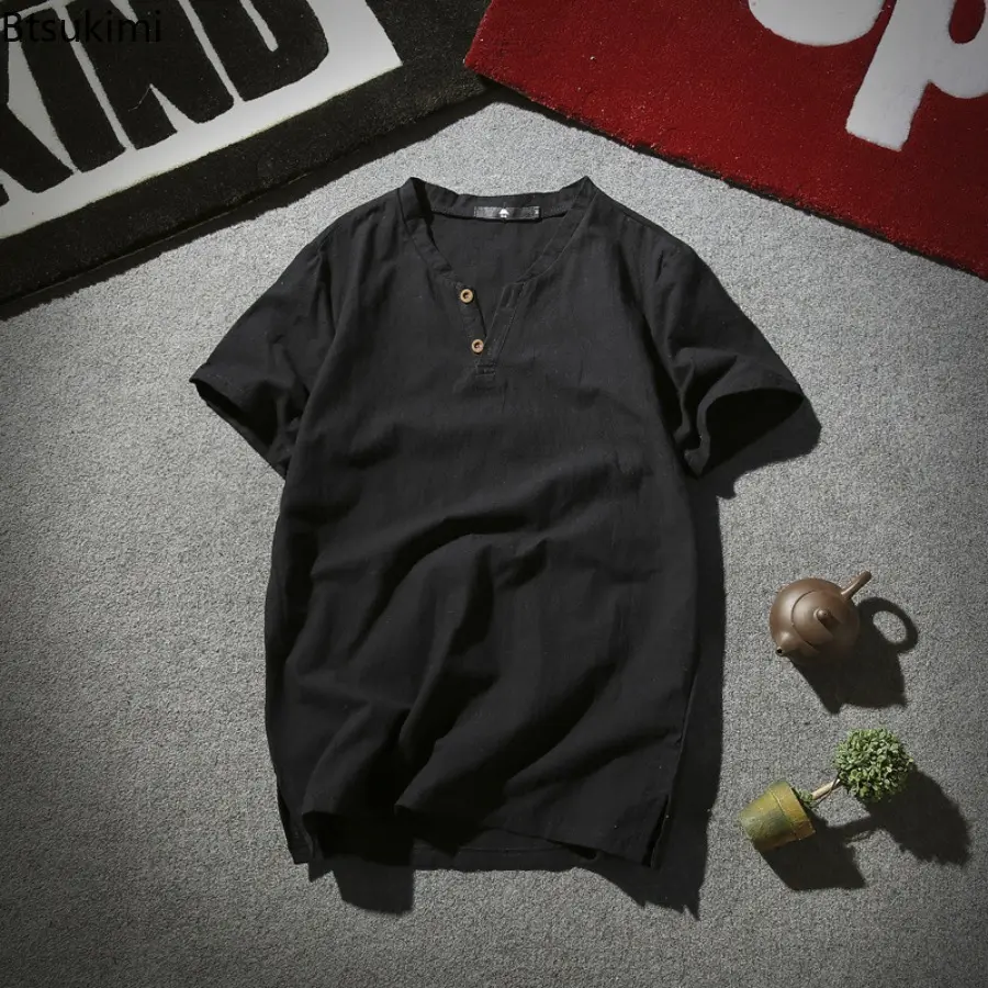 Linen Short Sleeved T-shirt for Men's Summer Vintage Cotton Linen Half Sleeved Fashionable Male Thin Linen Short Sleeved T-shirt