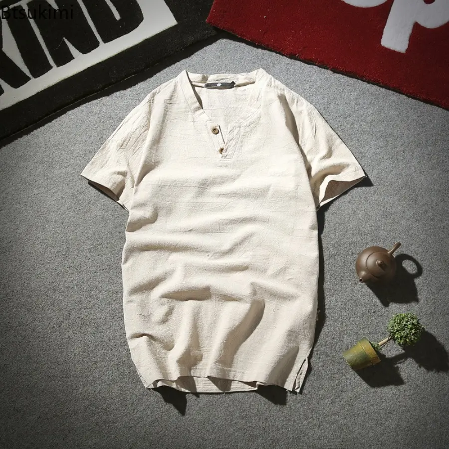 Linen Short Sleeved T-shirt for Men's Summer Vintage Cotton Linen Half Sleeved Fashionable Male Thin Linen Short Sleeved T-shirt