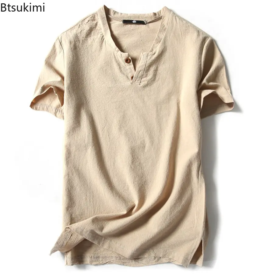 Linen Short Sleeved T-shirt for Men's Summer Vintage Cotton Linen Half Sleeved Fashionable Male Thin Linen Short Sleeved T-shirt