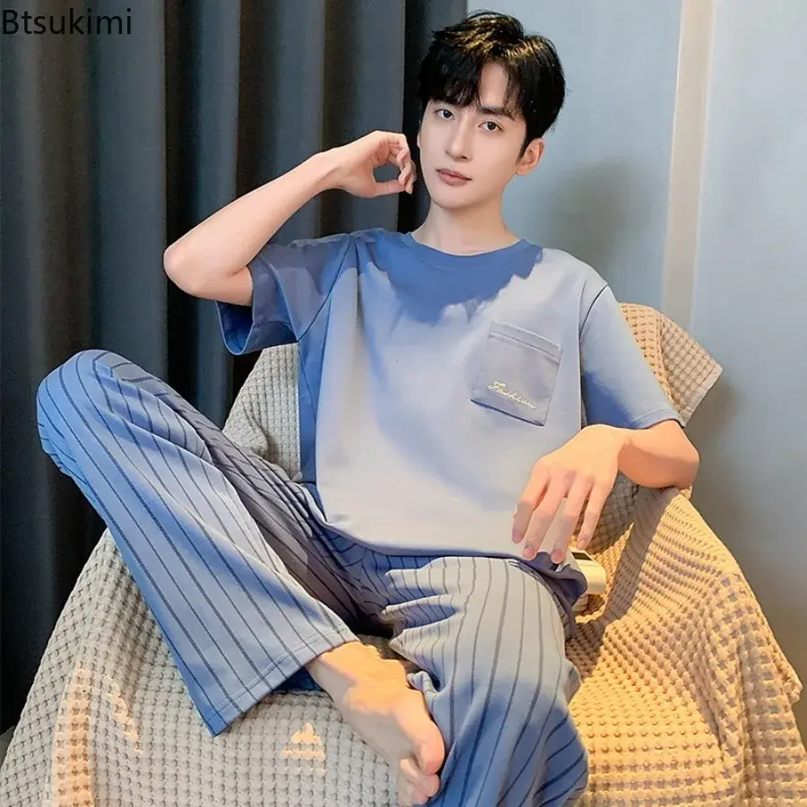 Fashion New Men's Sleepwear Two Pieces 2025 Summer Comfy Cotton Simple Lounge Home Wear Short-sleeve Tops with Pants Man Pajamas