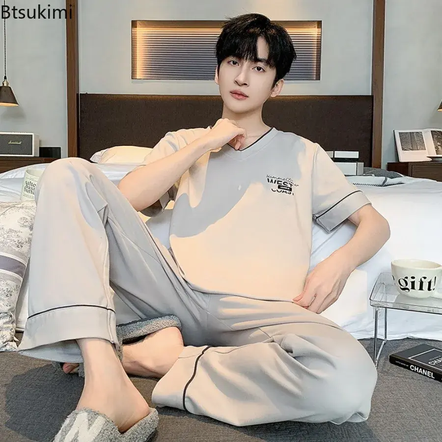 Fashion New Men's Sleepwear Two Pieces 2025 Summer Comfy Cotton Simple Lounge Home Wear Short-sleeve Tops with Pants Man Pajamas