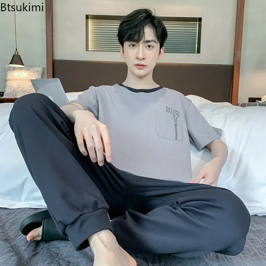 Fashion New Men's Sleepwear Two Pieces 2025 Summer Comfy Cotton Simple Lounge Home Wear Short-sleeve Tops with Pants Man Pajamas