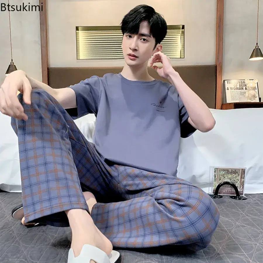 Fashion New Men's Sleepwear Two Pieces 2025 Summer Comfy Cotton Simple Lounge Home Wear Short-sleeve Tops with Pants Man Pajamas