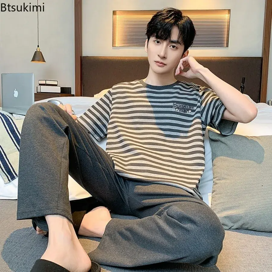 Fashion New Men's Sleepwear Two Pieces 2025 Summer Comfy Cotton Simple Lounge Home Wear Short-sleeve Tops with Pants Man Pajamas