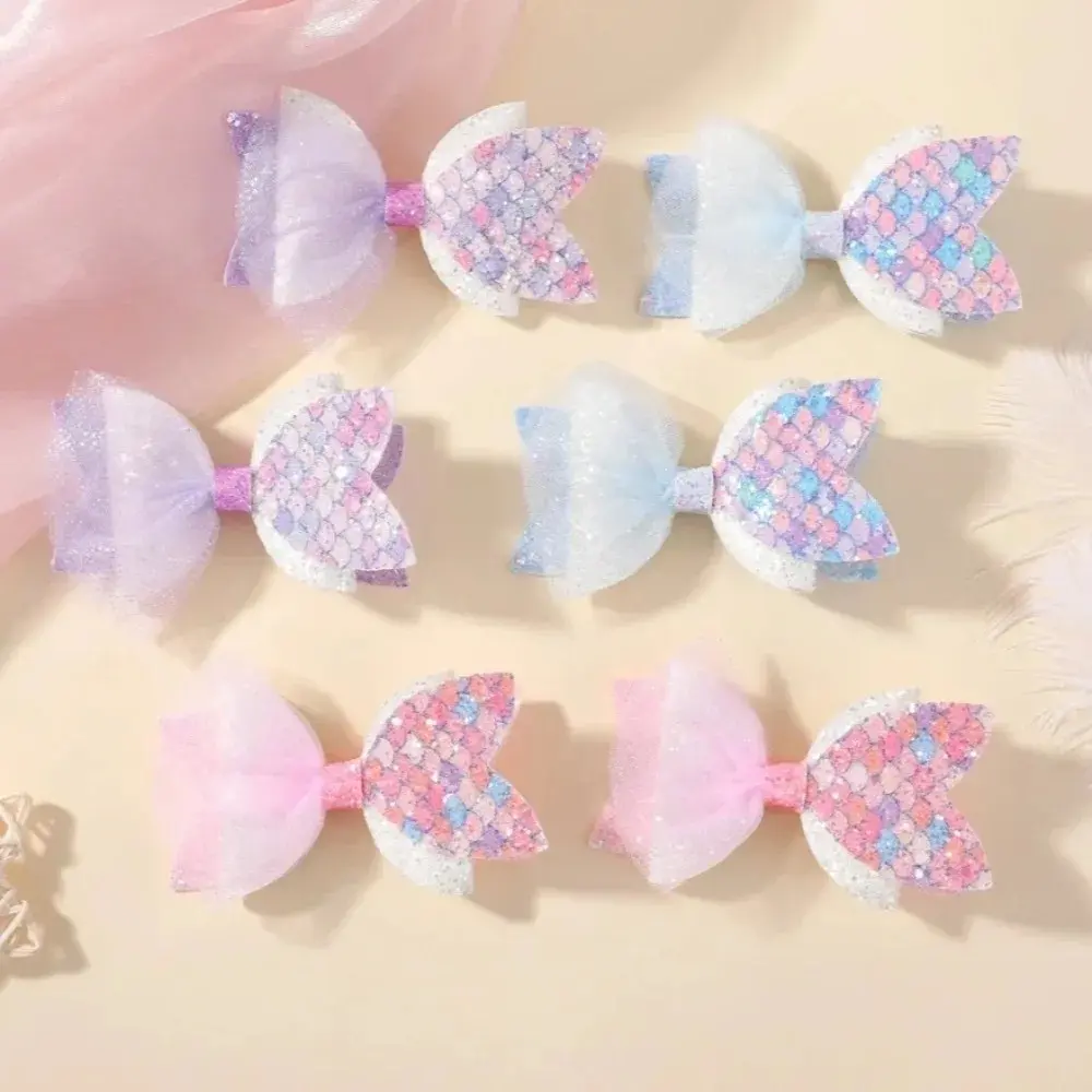 RAINBOW BOWS 2Pcs/Set Mermaid Glitter Sequins Hair Clips for Girls Color Blocked Yarn Bows Hair Clip Headwear Hair Accessories