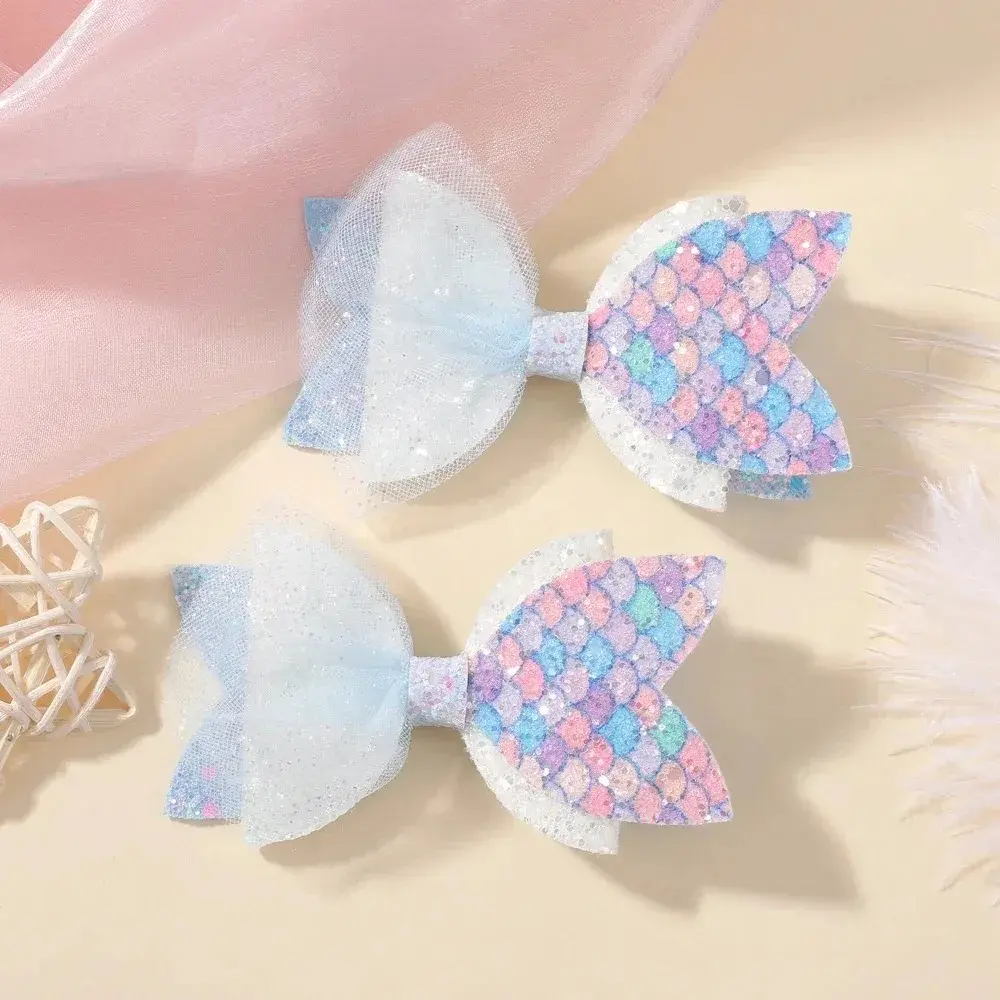 RAINBOW BOWS 2Pcs/Set Mermaid Glitter Sequins Hair Clips for Girls Color Blocked Yarn Bows Hair Clip Headwear Hair Accessories