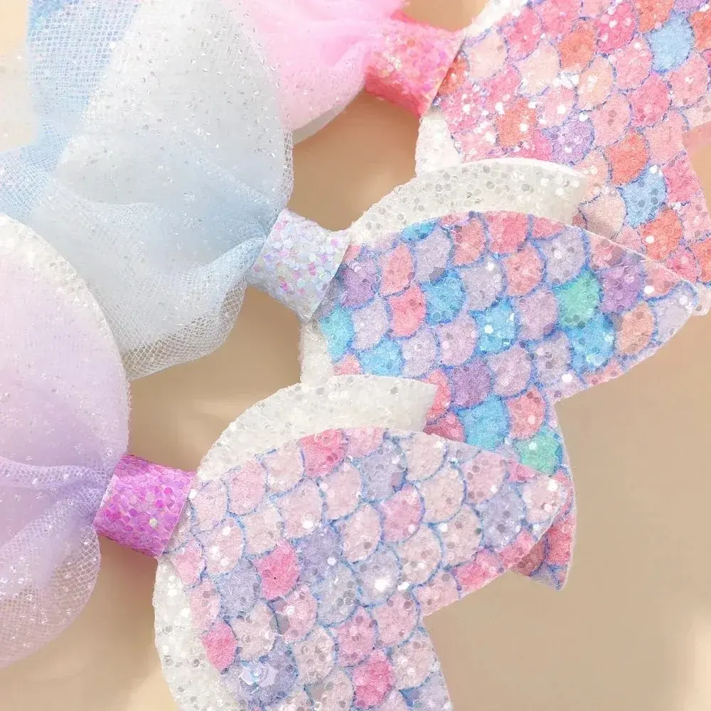 RAINBOW BOWS 2Pcs/Set Mermaid Glitter Sequins Hair Clips for Girls Color Blocked Yarn Bows Hair Clip Headwear Hair Accessories