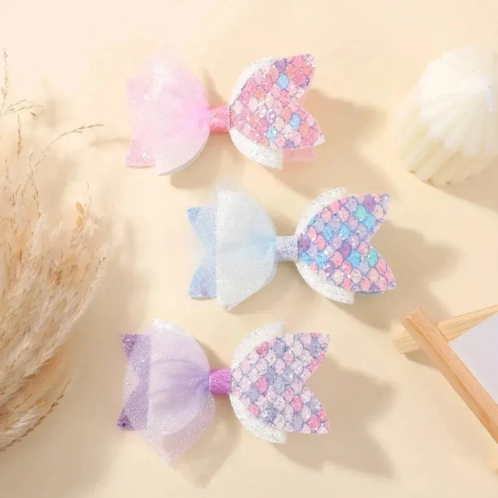 RAINBOW BOWS 2Pcs/Set Mermaid Glitter Sequins Hair Clips for Girls Color Blocked Yarn Bows Hair Clip Headwear Hair Accessories