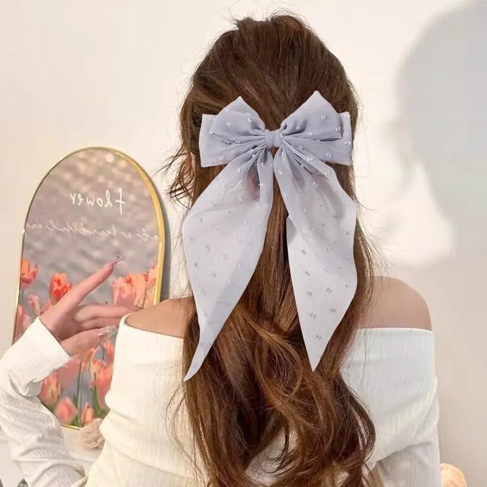 RAINBOW BOWS Girls Long Big Bow Float Satin Clips Back Head Hair Clip Retro Wine Red Same Temperament Elegant Hair Accessories