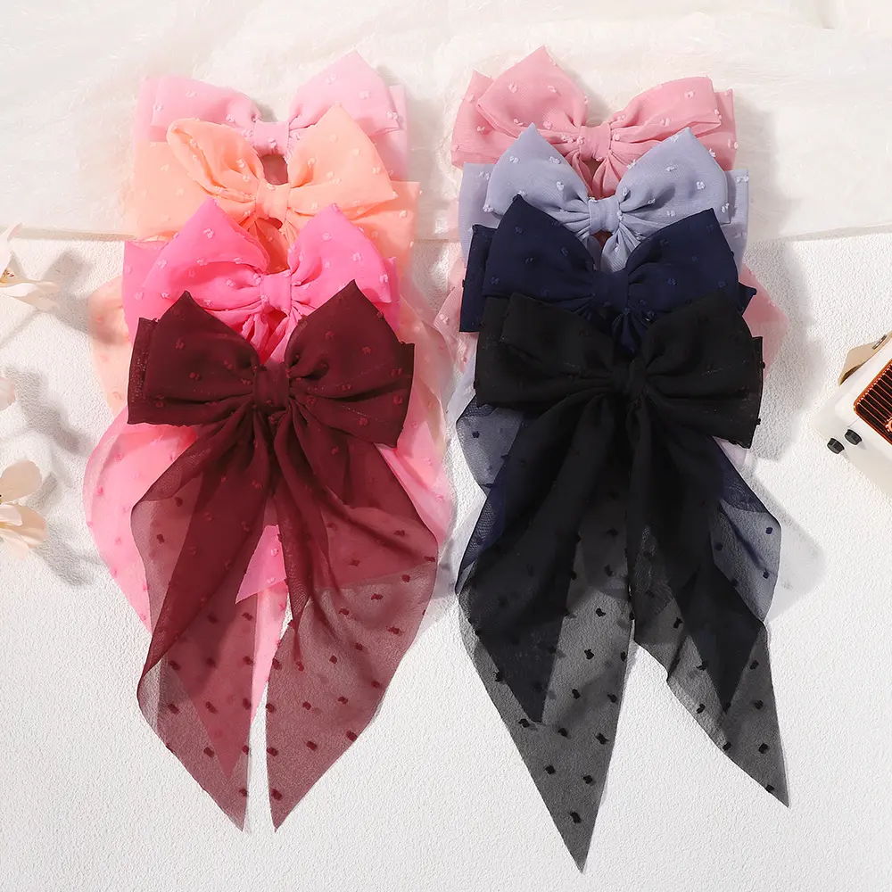 RAINBOW BOWS Girls Long Big Bow Float Satin Clips Back Head Hair Clip Retro Wine Red Same Temperament Elegant Hair Accessories
