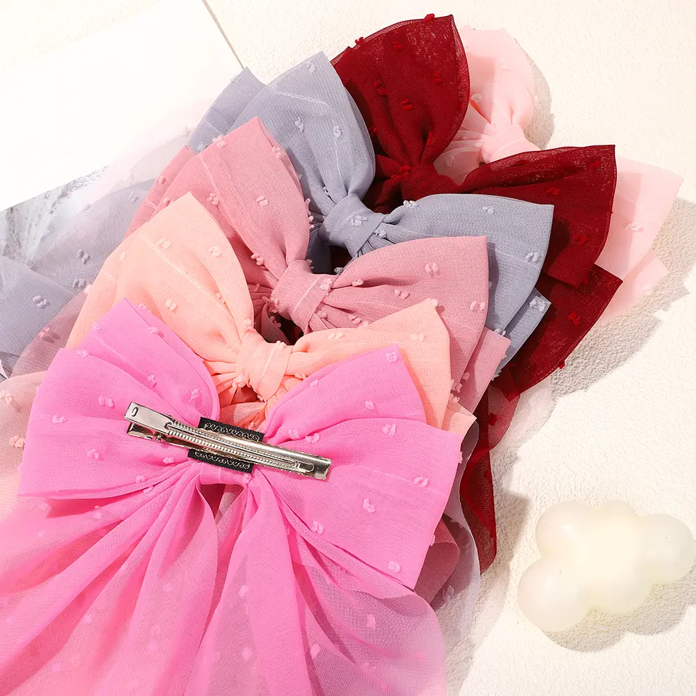 RAINBOW BOWS Girls Long Big Bow Float Satin Clips Back Head Hair Clip Retro Wine Red Same Temperament Elegant Hair Accessories