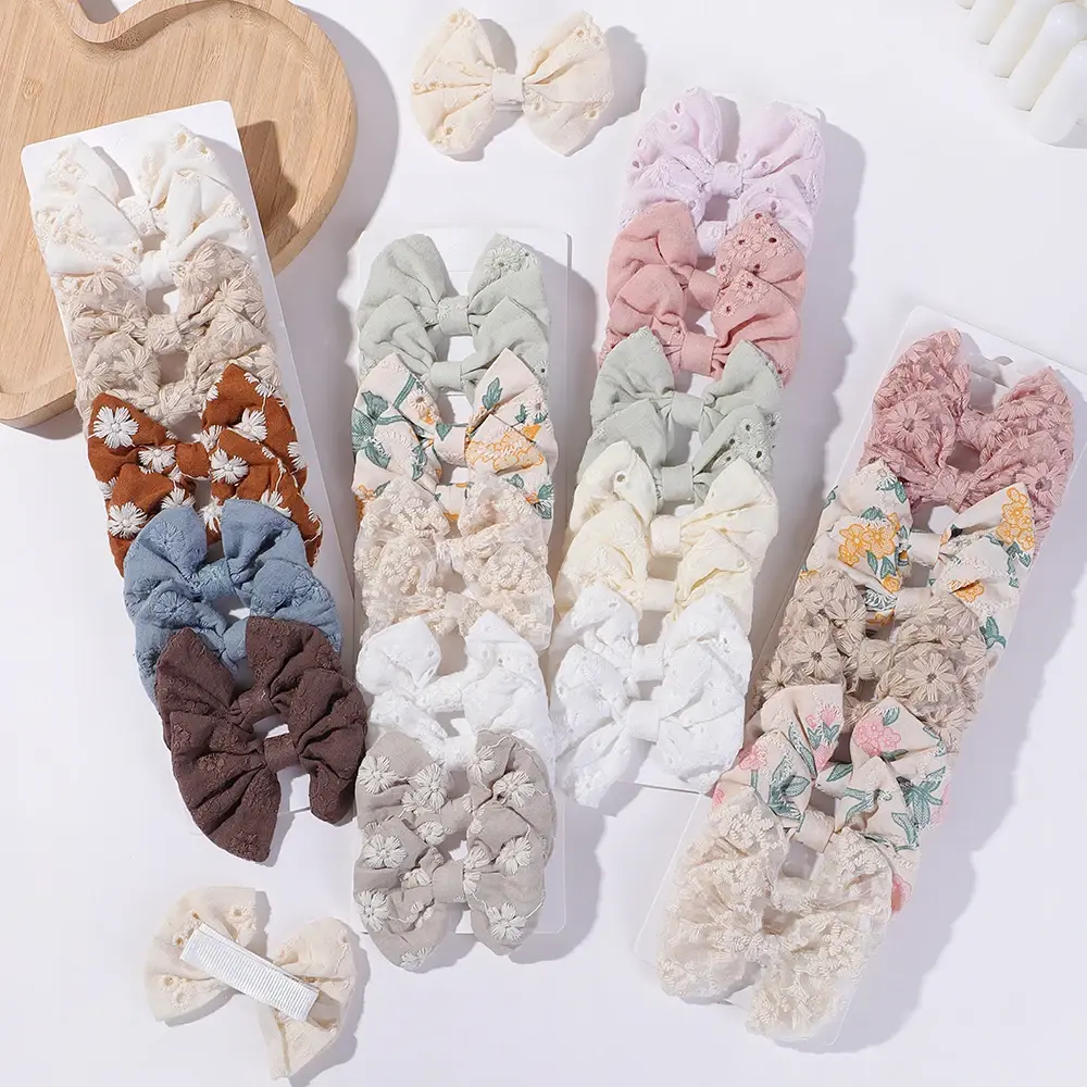 10Pcs/Set Fashion Bows Hairgripes Cotton Embroidery Hair Bow Hair Clip for Sweet Girl Kids Lovely Hairpins Headwear Sets Gift