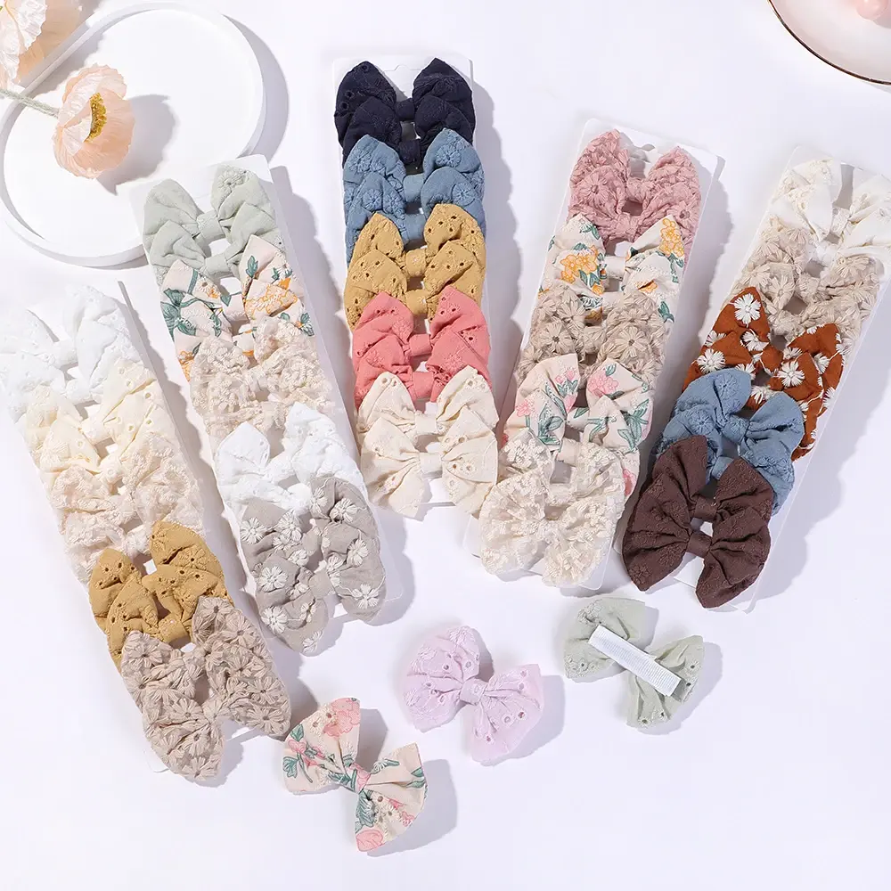 10Pcs/Set Fashion Bows Hairgripes Cotton Embroidery Hair Bow Hair Clip for Sweet Girl Kids Lovely Hairpins Headwear Sets Gift