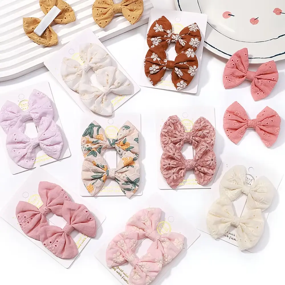 10Pcs/Set Fashion Bows Hairgripes Cotton Embroidery Hair Bow Hair Clip for Sweet Girl Kids Lovely Hairpins Headwear Sets Gift