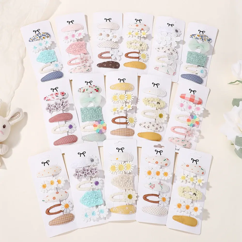 RAINBOW BOWS 5Pcs/Set Girls Boutique Headwear Hair Clip Embroidered Printing Barrette Fresh Daisy Hairpin Kids Hair Accessories