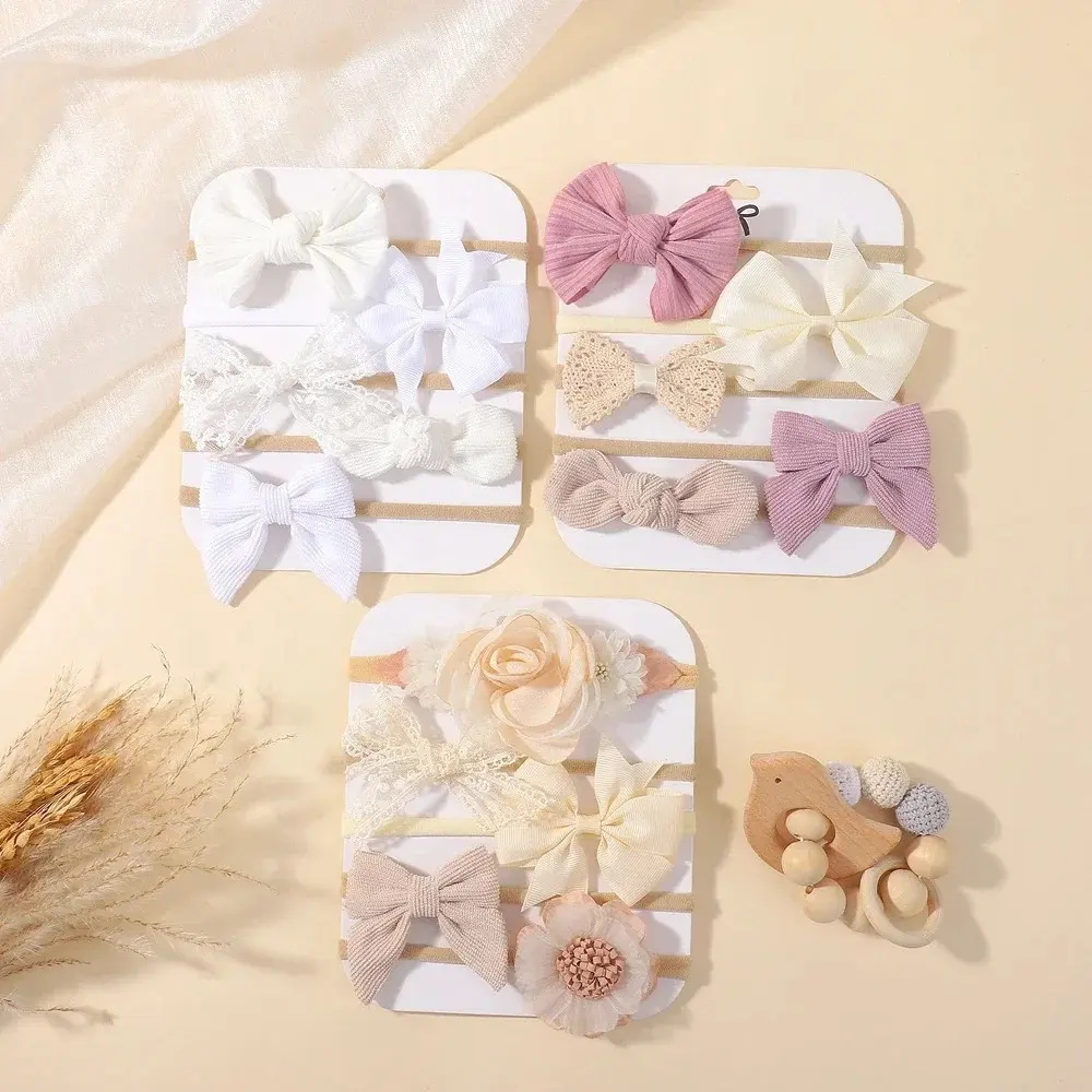 RAINBOW BOWS 5Pcs Baby Flower Lace Bow Headband Elastic Nylon Newborn Head Band for Infant Toddler Soft Hair Accessories Set
