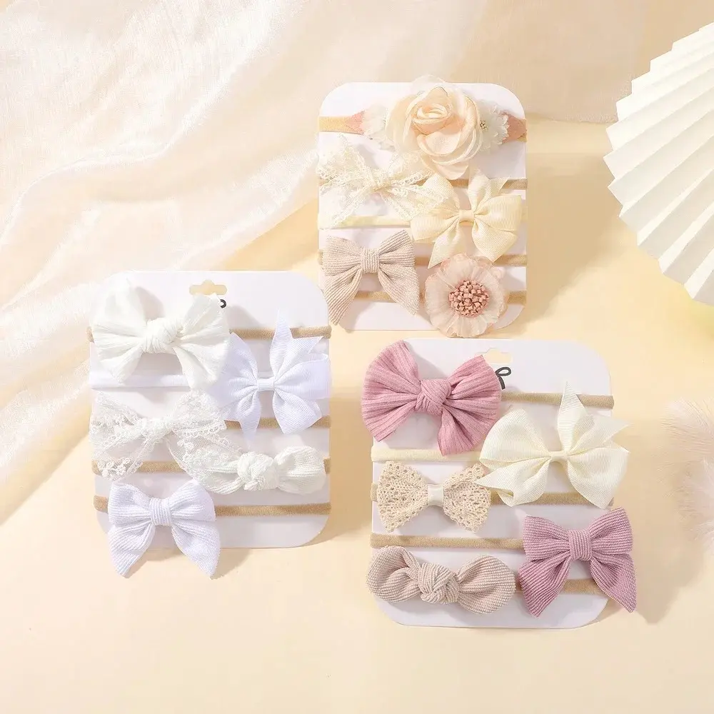 RAINBOW BOWS 5Pcs Baby Flower Lace Bow Headband Elastic Nylon Newborn Head Band for Infant Toddler Soft Hair Accessories Set