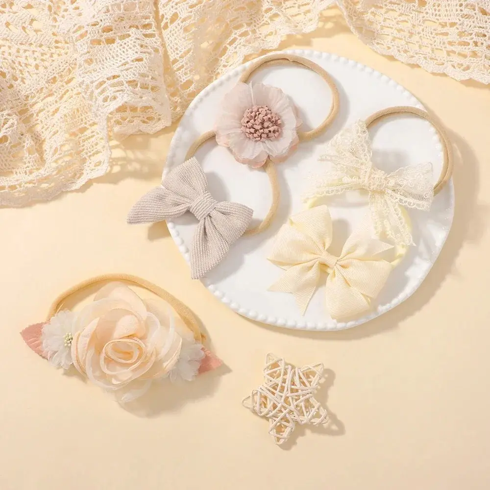 RAINBOW BOWS 5Pcs Baby Flower Lace Bow Headband Elastic Nylon Newborn Head Band for Infant Toddler Soft Hair Accessories Set