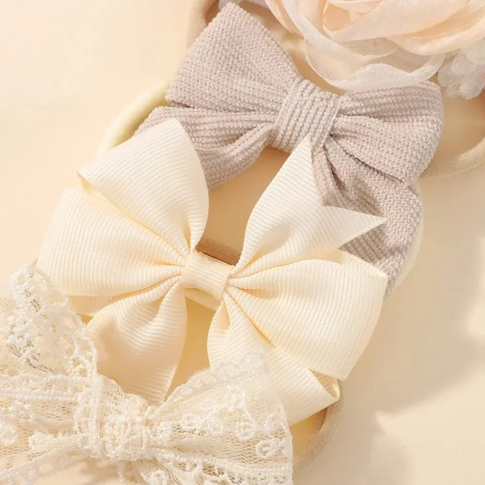 RAINBOW BOWS 5Pcs Baby Flower Lace Bow Headband Elastic Nylon Newborn Head Band for Infant Toddler Soft Hair Accessories Set