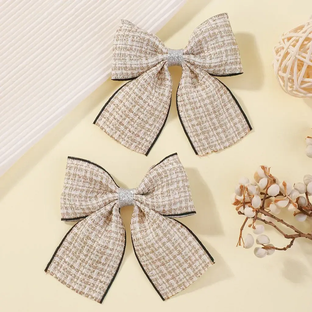 RAINBOW BOWS 2Pcs Houndstooth Bowknot Hairclip for Girls Classic Plaid Pattern Nylon HairgripesTemperament Pearl Hair Accessory