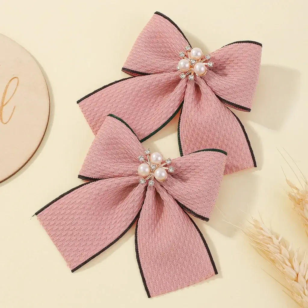 RAINBOW BOWS 2Pcs Houndstooth Bowknot Hairclip for Girls Classic Plaid Pattern Nylon HairgripesTemperament Pearl Hair Accessory