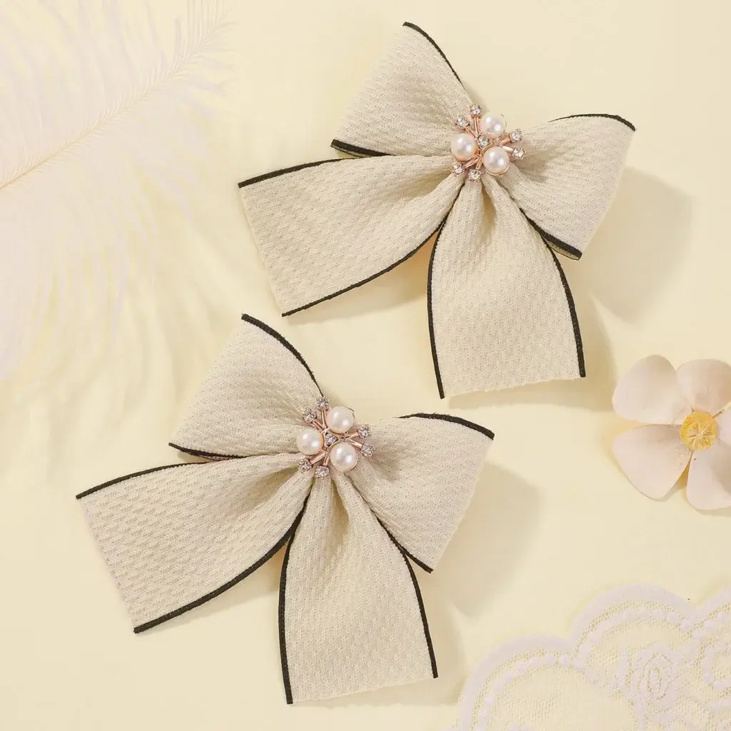 RAINBOW BOWS 2Pcs Houndstooth Bowknot Hairclip for Girls Classic Plaid Pattern Nylon HairgripesTemperament Pearl Hair Accessory