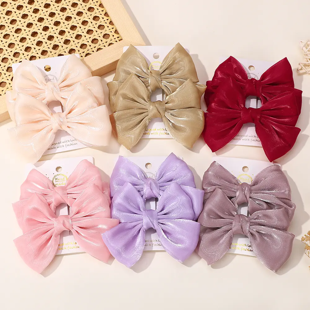 RAINBOW BOWS 2Pcs 4.3inch Chiffon Cheer Bow Hair Clips Stain Bowknot Hairpin Children Headdress Lovely Girls Hair Accessories
