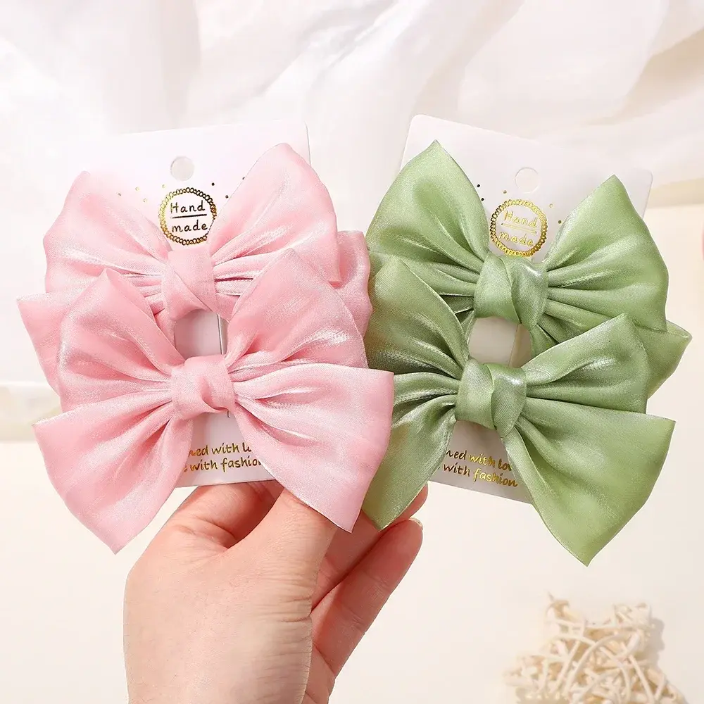 RAINBOW BOWS 2Pcs 4.3inch Chiffon Cheer Bow Hair Clips Stain Bowknot Hairpin Children Headdress Lovely Girls Hair Accessories