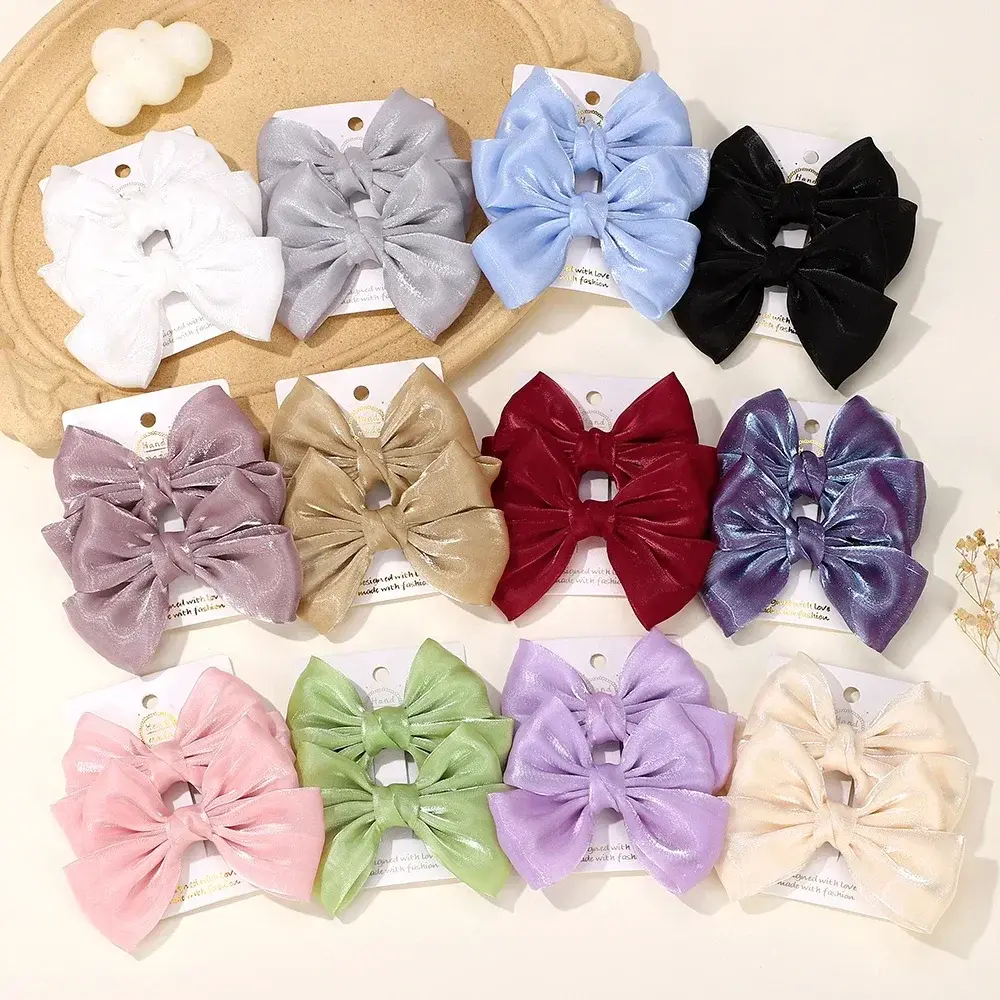 RAINBOW BOWS 2Pcs 4.3inch Chiffon Cheer Bow Hair Clips Stain Bowknot Hairpin Children Headdress Lovely Girls Hair Accessories