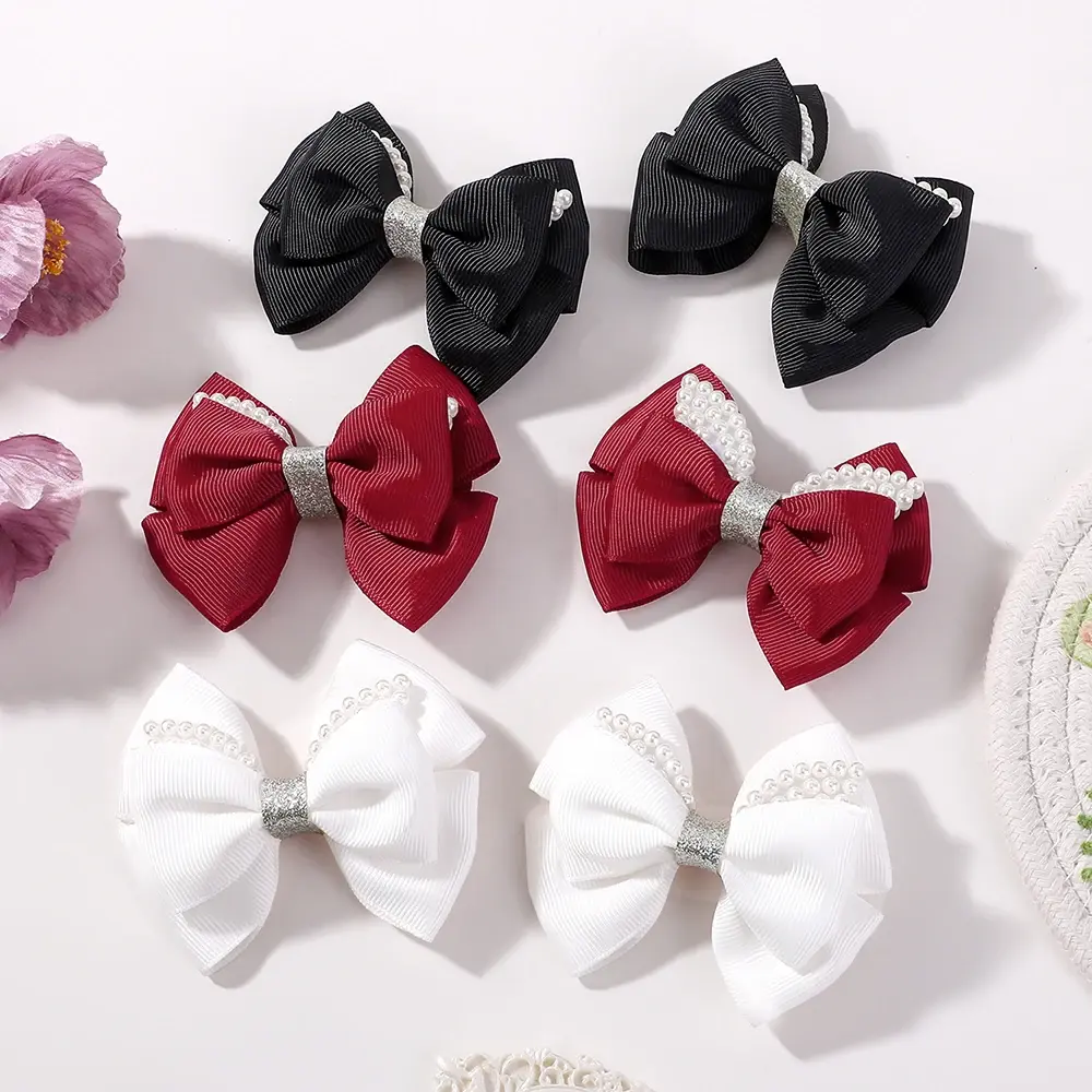 RAINBOW BOWS 2Pcs Retro Wine Red Bowknot Pearl Boutique Hair Clips Girls Ribbon Delicate Barrette Palace Princess Style Headwear