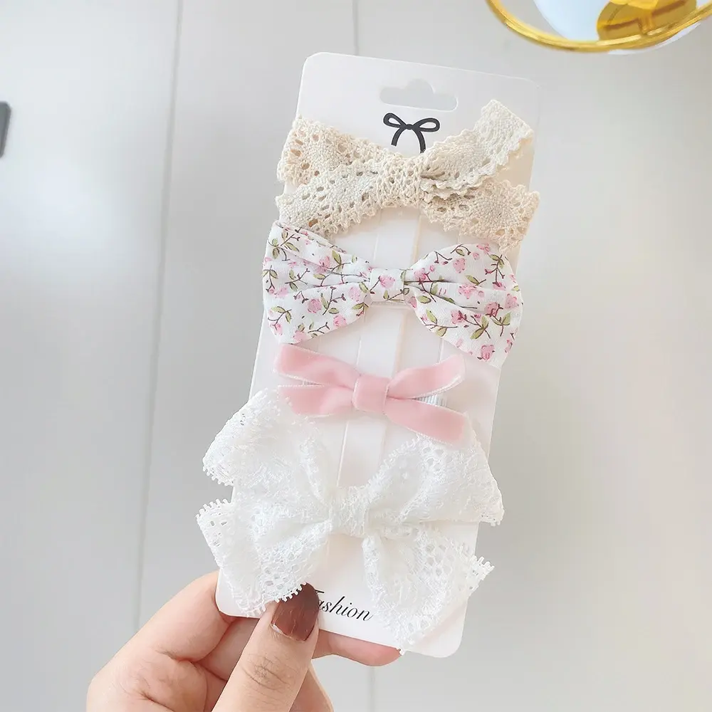 4Pcs/Set Sweet Lace Printed Bowknot Hair Clips For Cute Girls Handmade Hairpin Boutique Barrettes Headwear Kids Hair Accessories