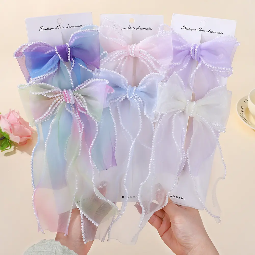 RAINBOW BOWS 1Pcs Fairy Ribbon Bow Hair Clip Gradient Color Gauze Lace Edge Ponytail Hairgripes Womens Sweet Hair Accessories