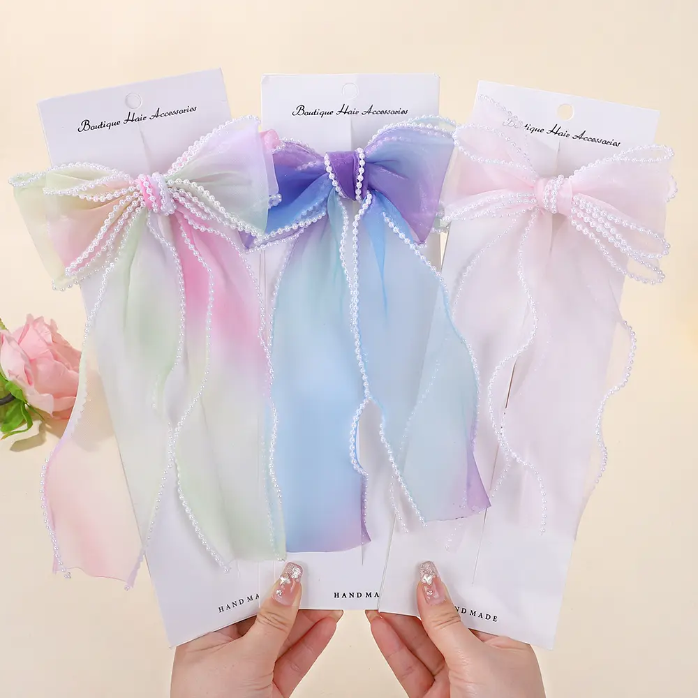RAINBOW BOWS 1Pcs Fairy Ribbon Bow Hair Clip Gradient Color Gauze Lace Edge Ponytail Hairgripes Womens Sweet Hair Accessories
