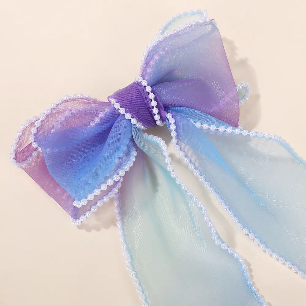RAINBOW BOWS 1Pcs Fairy Ribbon Bow Hair Clip Gradient Color Gauze Lace Edge Ponytail Hairgripes Womens Sweet Hair Accessories