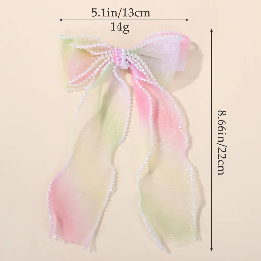 RAINBOW BOWS 1Pcs Fairy Ribbon Bow Hair Clip Gradient Color Gauze Lace Edge Ponytail Hairgripes Womens Sweet Hair Accessories