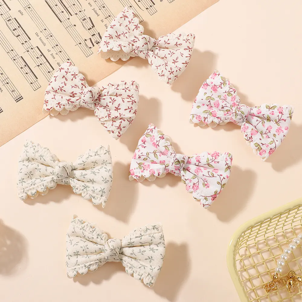 RAINBOW BOWS 2/6pcs Floral Print Hair Bow Clips for Girls Lace Side Pastoral Cotton Hairpin Barrettes Headwear Hair Accessories