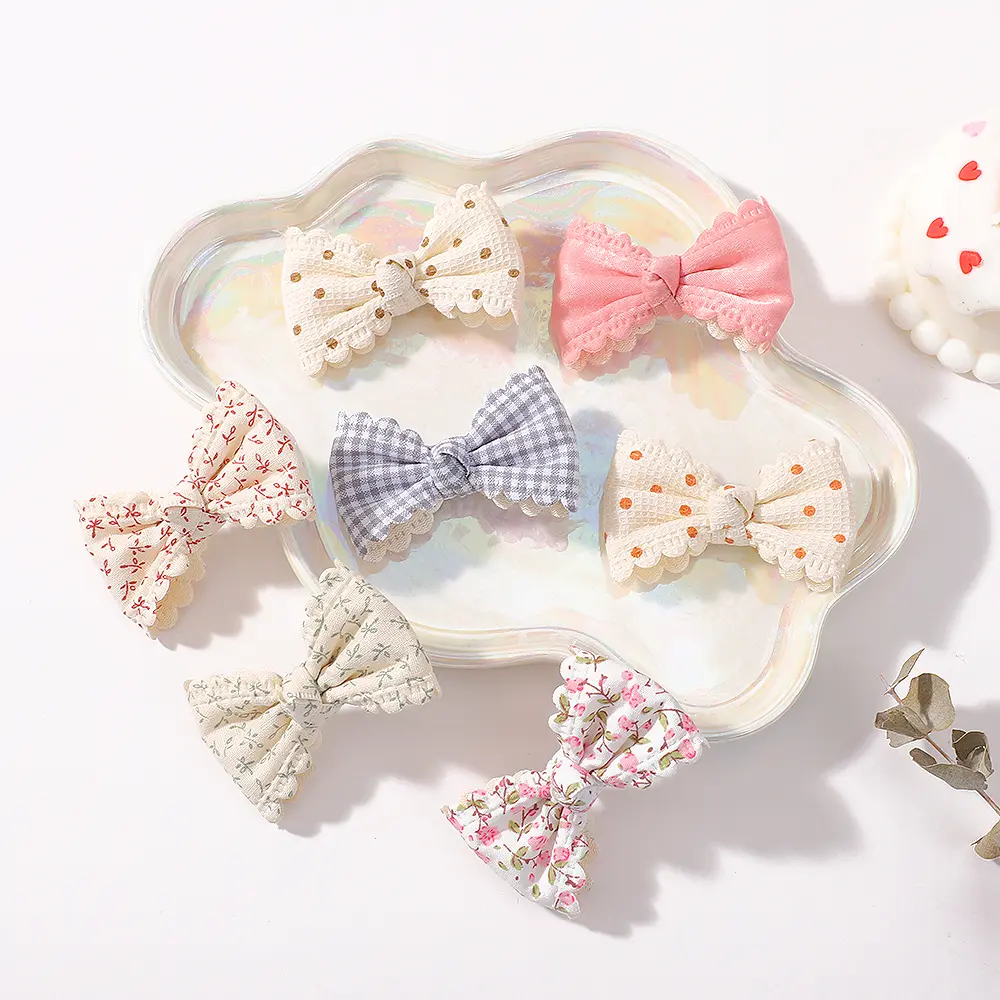 RAINBOW BOWS 2/6pcs Floral Print Hair Bow Clips for Girls Lace Side Pastoral Cotton Hairpin Barrettes Headwear Hair Accessories