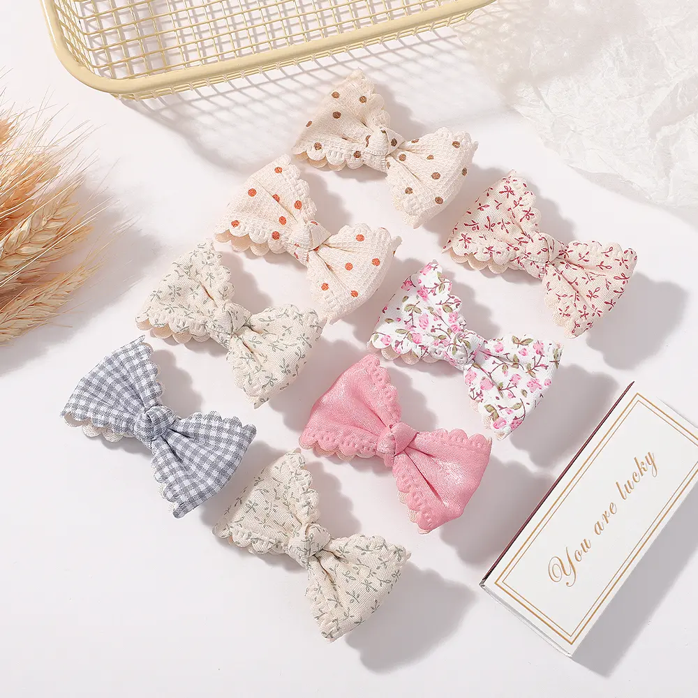 RAINBOW BOWS 2/6pcs Floral Print Hair Bow Clips for Girls Lace Side Pastoral Cotton Hairpin Barrettes Headwear Hair Accessories