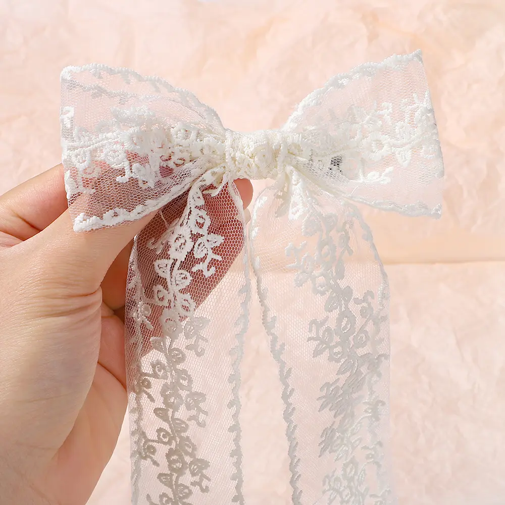 RAINBOW BOWS 1Pcs 8inch White Long Tassle Bowknot Hair Ponytail Clips Hollow Lace Elegant Women Hairgripes Girls Lovely Headwear