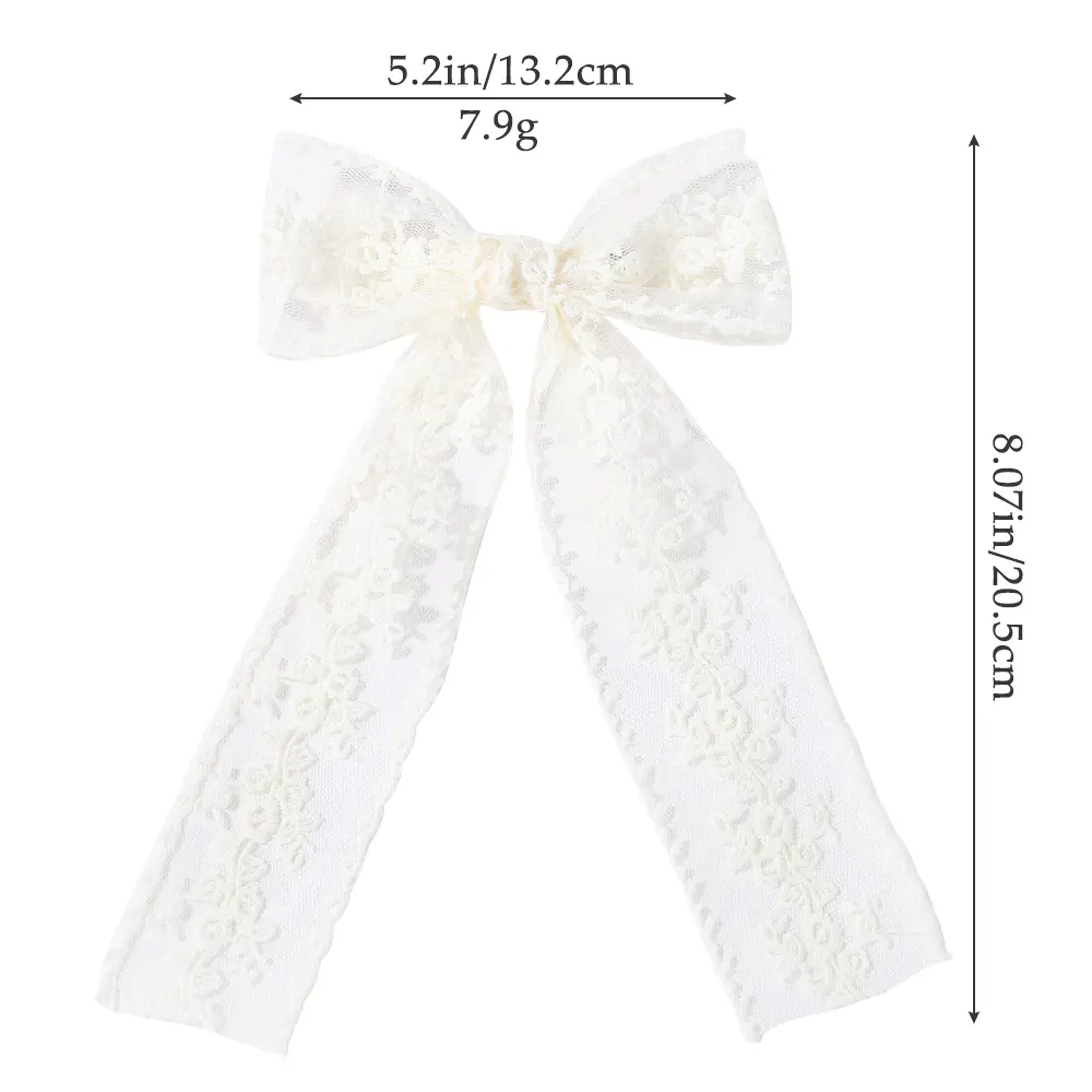 RAINBOW BOWS 1Pcs 8inch White Long Tassle Bowknot Hair Ponytail Clips Hollow Lace Elegant Women Hairgripes Girls Lovely Headwear
