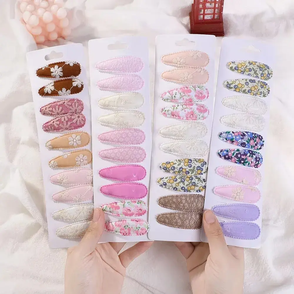 10Pc/Lot Ins 2.2inch Flower Print Cotton Alloy Hair Bow Snap Clips Set Fabric Plaid Bobby Hairpins Hairgrips Girls Kids Headwear