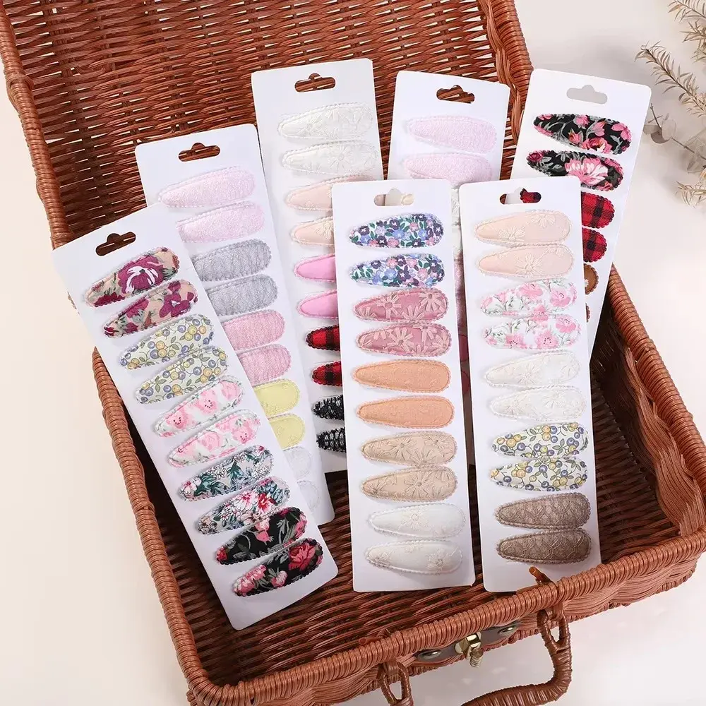 10Pc/Lot Ins 2.2inch Flower Print Cotton Alloy Hair Bow Snap Clips Set Fabric Plaid Bobby Hairpins Hairgrips Girls Kids Headwear