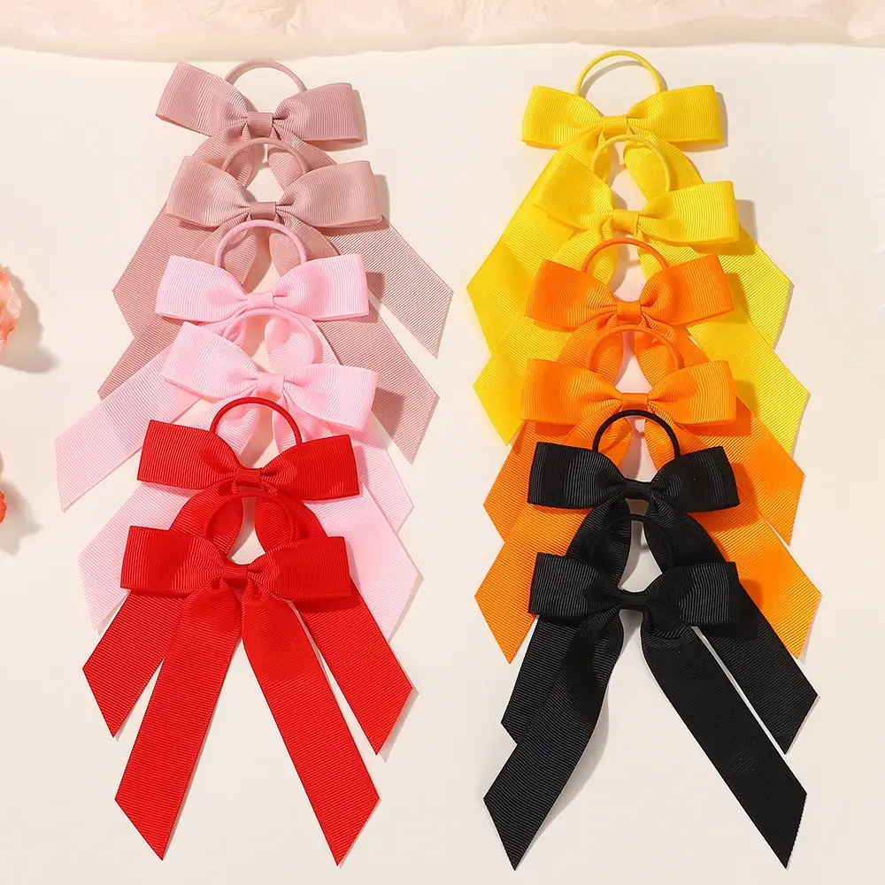 RAIN BOWS 1Pcs Solid Color Ribbon Bows Hair Bands Toddler Cheer Bow Head Rope Kids Basic Ponytail Headwear Hair Accessories
