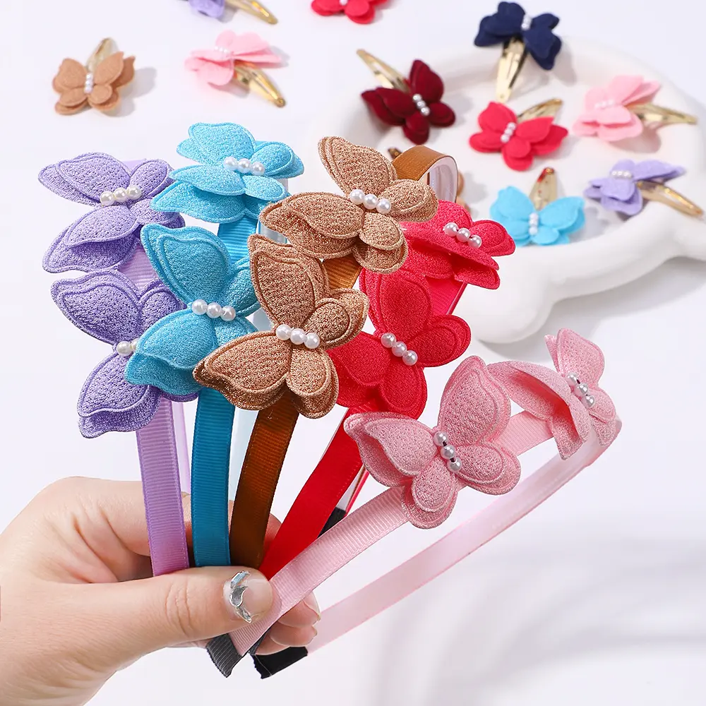 RAINBOW BOWS Girls Delicate Hair Band Hair Clips Set Solid Butterfly Imitation Pearl Hair Hoop BB Clip Headwear Gift Sets